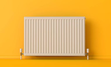 White heating radiator against a bright yellow wall. 3D Rendering