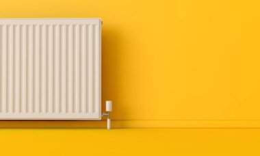 White heating radiator against a bright yellow wall. 3D Rendering