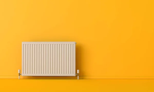 Radiador de calefacción blanco contra una pared de color amarillo brillante. Renderizado 3D —  Fotos de Stock