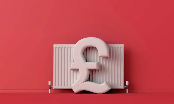 Coût du chauffage. Livre sterling symbole de devise à côté d'un radiateur. Rendu 3D — Photo