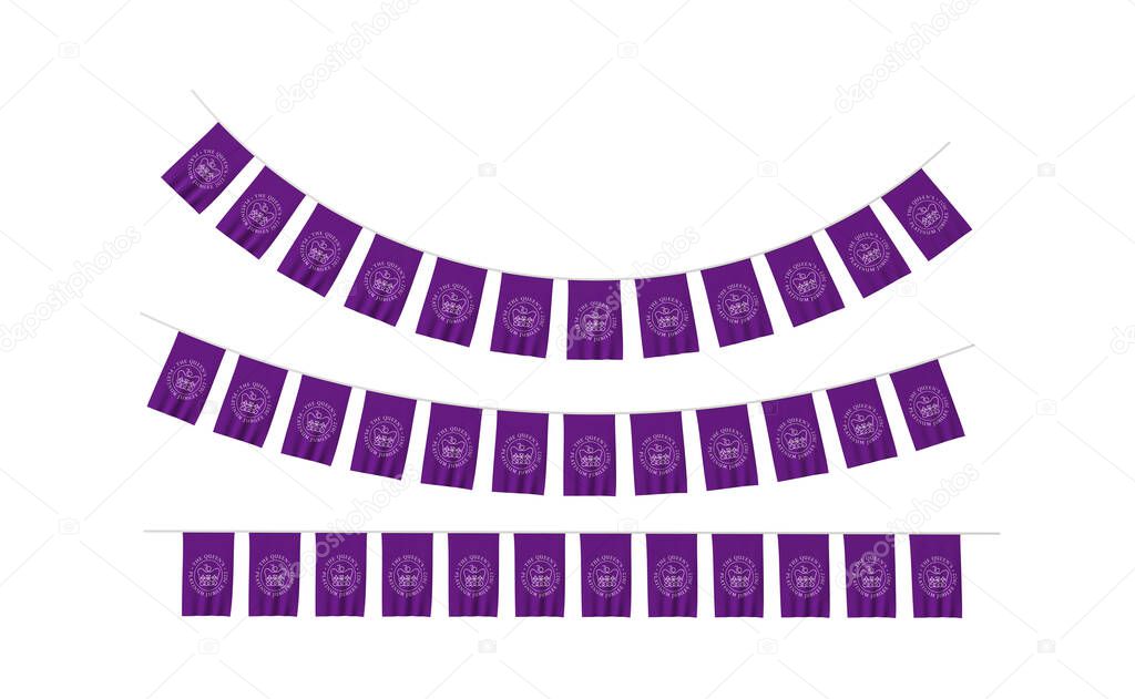 LONDON, UK - January 2022: Emblem logo for the celebration of the Queen of Englands Platinum Jubilee celebrations on a hanging banner. 3D Rendering.