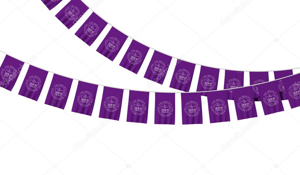 LONDON, UK - January 2022: Emblem logo for the celebration of the Queen of Englands Platinum Jubilee celebrations on a hanging banner. 3D Rendering.