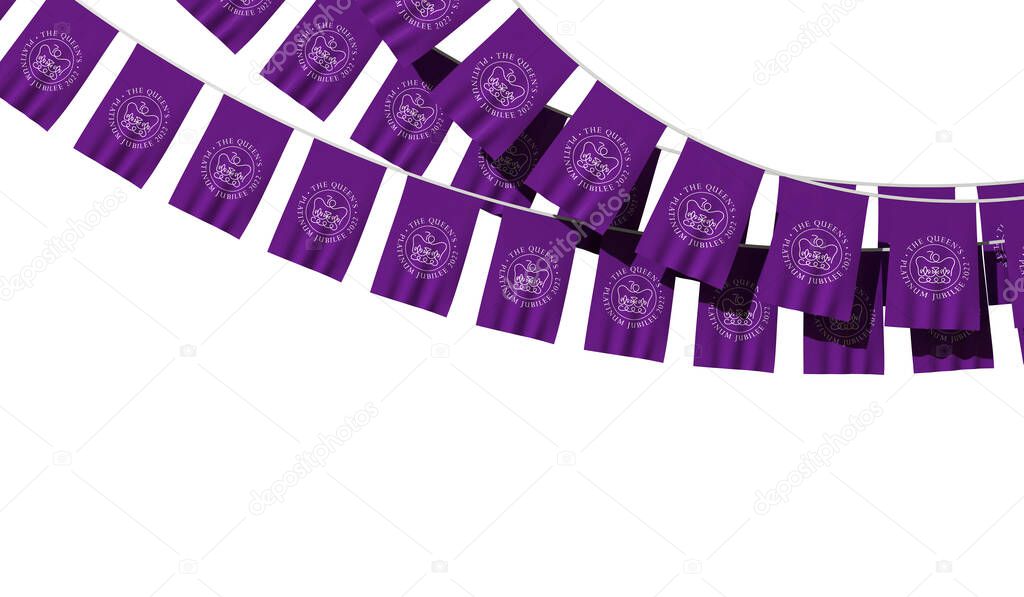 LONDON, UK - January 2022: Emblem logo for the celebration of the Queen of Englands Platinum Jubilee celebrations on a hanging banner. 3D Rendering.