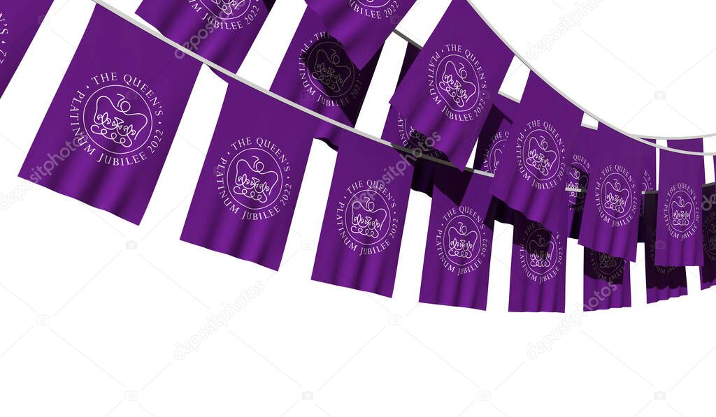 LONDON, UK - January 2022: Emblem logo for the celebration of the Queen of Englands Platinum Jubilee celebrations on a hanging banner. 3D Rendering.