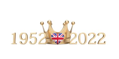 UK Union Jack heart with a gold crown. Queen Jubilee concept. 3D Rendering clipart