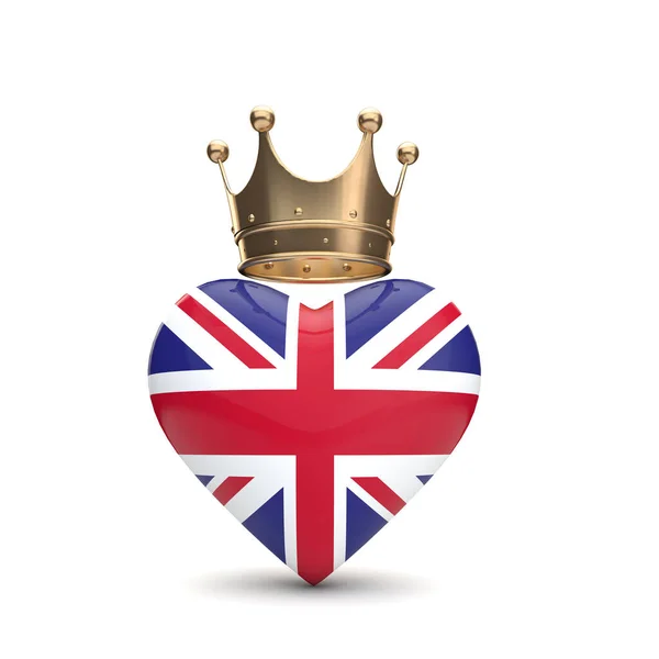 Reino Unido Union Jack coração com uma coroa de ouro. Conceito da Rainha Jubileu. Renderização 3D — Fotografia de Stock