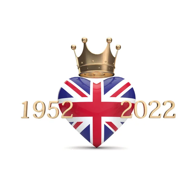 UK Union Jack hart met een gouden kroon. Koningin Jubileum concept. 3D-weergave — Stockfoto