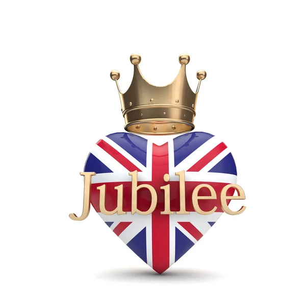 Das Herz des britischen Union Jack mit einer goldenen Krone. Queen Jubilee Konzept. 3D-Rendering — Stockfoto