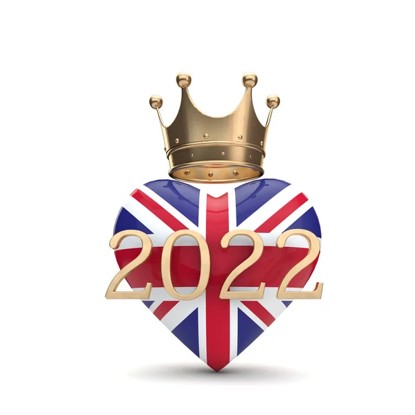 UK Union Jack hart met een gouden kroon. Koningin Jubileum concept. 3D-weergave — Stockfoto