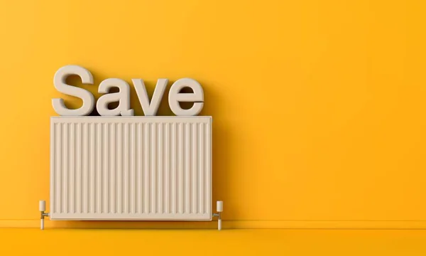 Pemanas radiator dengan kata "save" di atas. Perenderan 3D konsep energi — Stok Foto