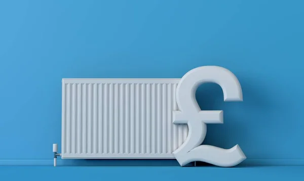Kostnad för uppvärmning. Pund sterling valuta symbol bredvid en kylare värmare. 3D-återgivning — Stockfoto