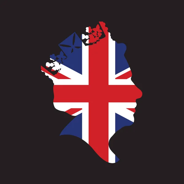 Side profile silhouette of Queen Elizabeth wearing a crown with union jack flag — Stock Vector