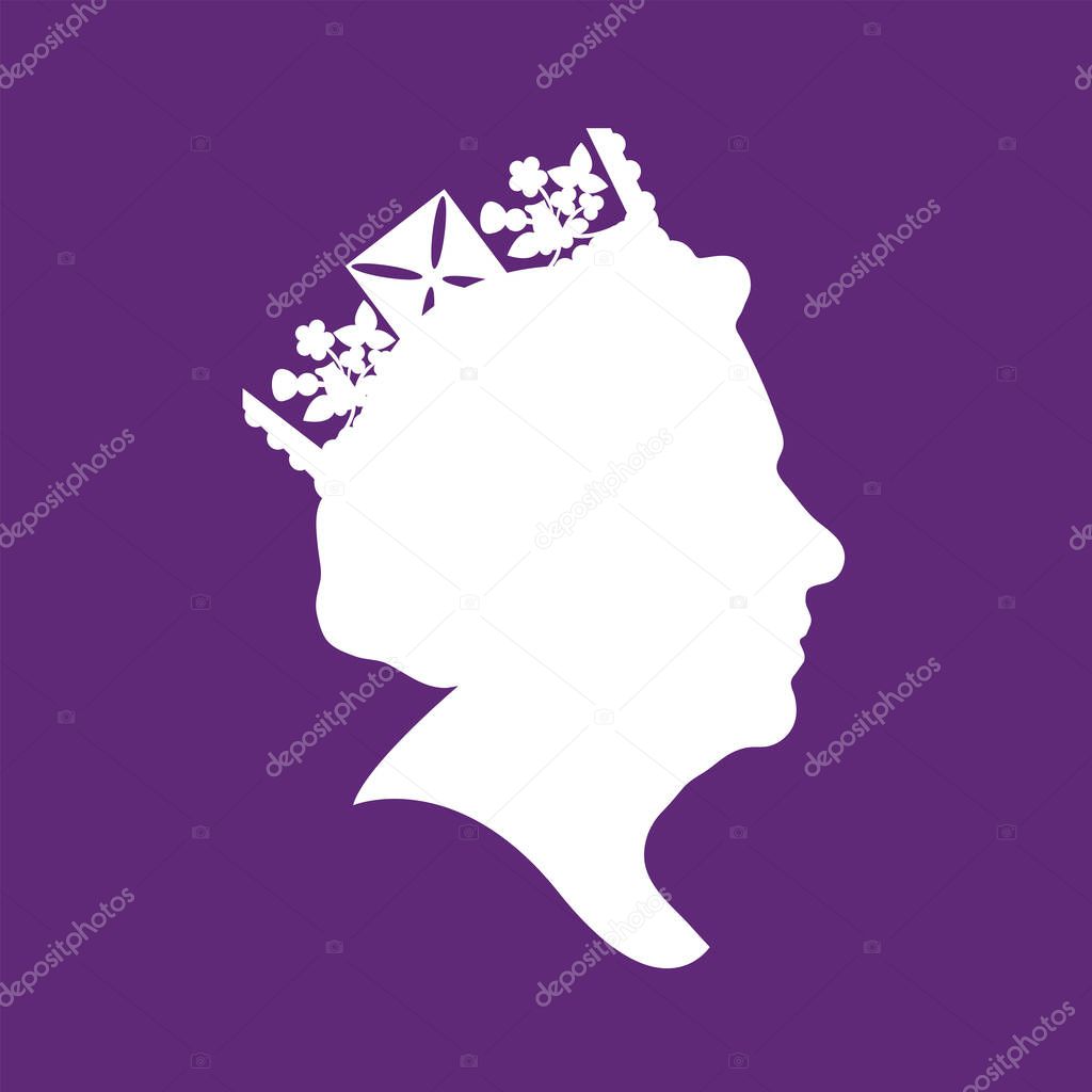 Side profile silhouette of Queen Elizabeth wearing a crown.