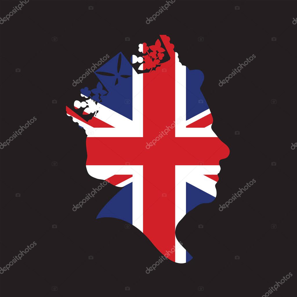 Side profile silhouette of Queen Elizabeth wearing a crown with union jack flag.