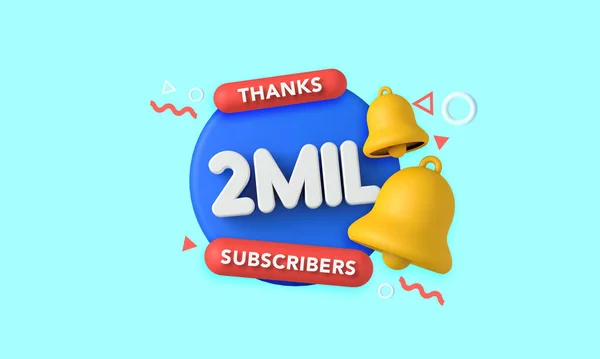 Tack, två miljoner prenumeranter. Influencer banner för sociala medier. 3D-återgivning — Stockfoto