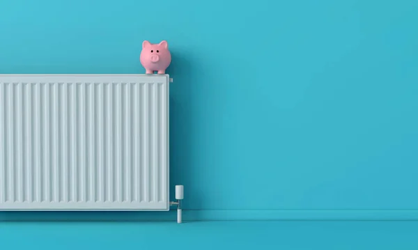 Salvadanaio salvadanaio con radiatore. concetto di costo del riscaldamento domestico. Rendering 3D — Foto Stock