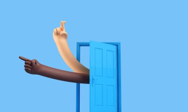 El açık bir kapıdan, şans dileyerek geliyor. Yeni iş umutları ve dilekleri. 3B Hazırlama