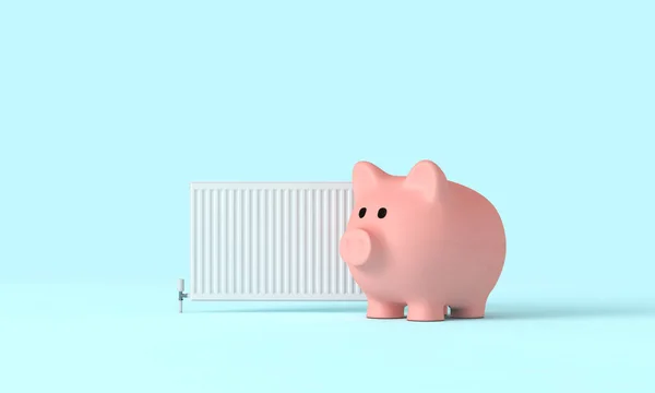 Piggy bank money saving box with a radiator. household heating cost concept. 3D Rendering
