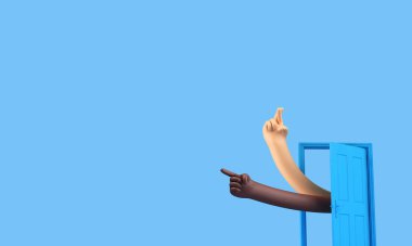 El açık bir kapıdan, şans dileyerek geliyor. Yeni iş umutları ve dilekleri. 3B Hazırlama