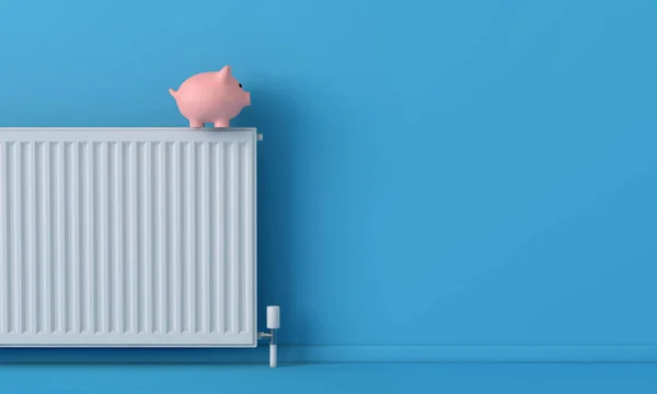 Caja de ahorro de dinero alcancía con un radiador. concepto de coste de calefacción doméstica. Renderizado 3D — Foto de Stock