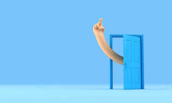 Χέρι που προέρχεται από μια ανοιχτή πόρτα με τα δάχτυλα σταυρωμένα. Νέες επιχειρηματικές ελπίδες και επιθυμίες. 3D απόδοση — Φωτογραφία Αρχείου