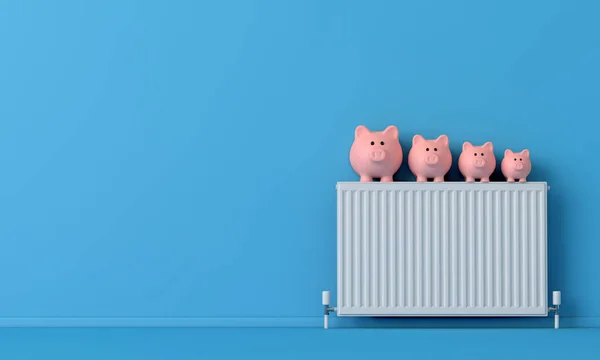 Caja de ahorro de dinero alcancía con un radiador. concepto de coste de calefacción doméstica. Renderizado 3D — Foto de Stock