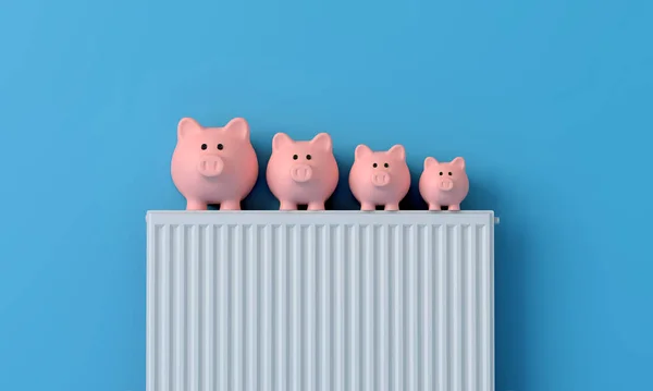 Caja de ahorro de dinero alcancía con un radiador. concepto de coste de calefacción doméstica. Renderizado 3D —  Fotos de Stock