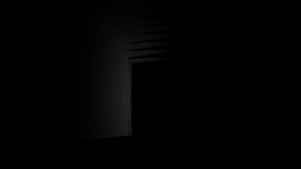 A porta se abre em uma sala escura para mostrar luz branca brilhante. Renderização 3D — Vídeo de Stock