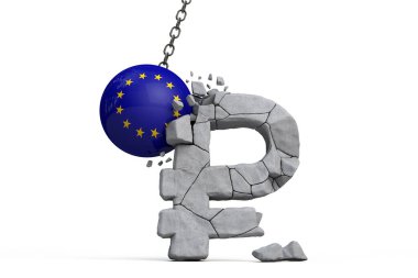 Avrupa Birliği bayrak topu Rus Ruble para birimi sembolünü parçaladı. Ekonomik yaptırım konsepti. 3B Hazırlama