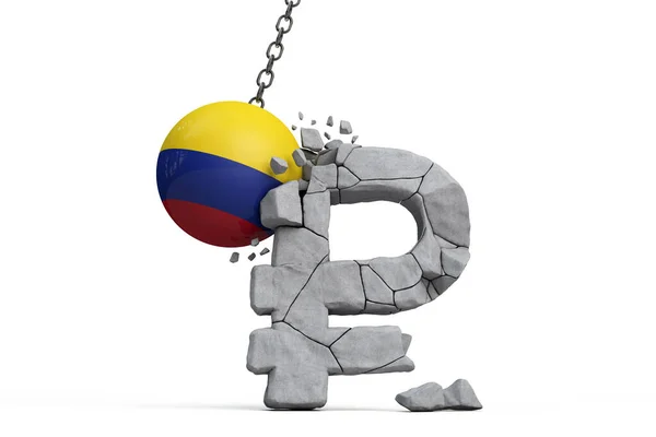 コロンビアの国旗ボールはロシアのルーブル通貨のシンボルを破壊します。経済制裁の概念。3Dレンダリング — ストック写真