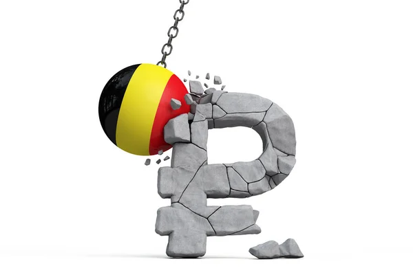 比利时国旗球粉碎了俄罗斯卢布的象征。经济制裁概念。3D渲染 — 图库照片