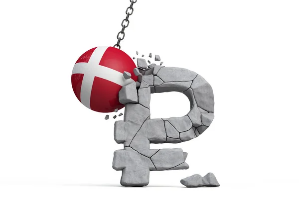 Bola bandera de Dinamarca rompiendo un rublo ruso símbolo de moneda. Concepto de sanciones económicas. Renderizado 3D —  Fotos de Stock