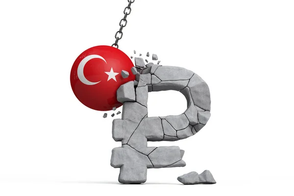 Bola bendera Turki menghancurkan simbol mata uang Ruble Rusia. Konsep sanksi ekonomi. Perender 3D — Stok Foto