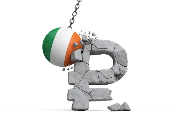 Bola de bandera de Irlanda rompiendo un rublo ruso símbolo de moneda. Concepto de sanciones económicas. Renderizado 3D — Foto de Stock