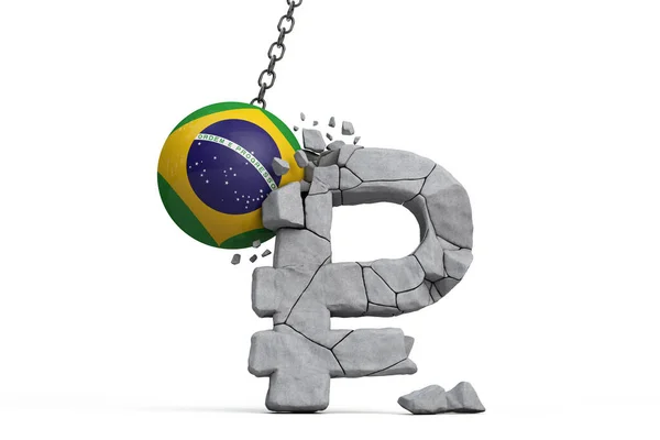 Brezilya bayrak topu bir Rus Rublesi sembolünü parçalıyor. Ekonomik yaptırım konsepti. 3B Hazırlama — Stok fotoğraf