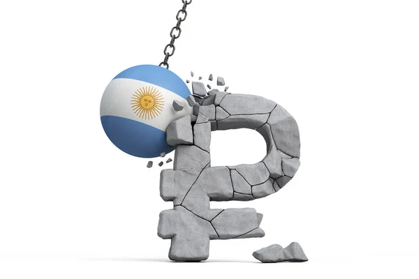 Bola de la bandera de Argentina rompiendo un rublo ruso símbolo de moneda. Concepto de sanciones económicas. Renderizado 3D — Foto de Stock