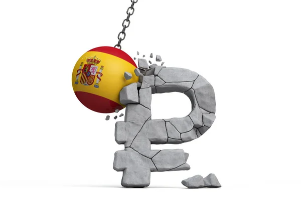 スペインの国旗ボールはロシアのルーブル通貨のシンボルを破壊します。経済制裁の概念。3Dレンダリング — ストック写真