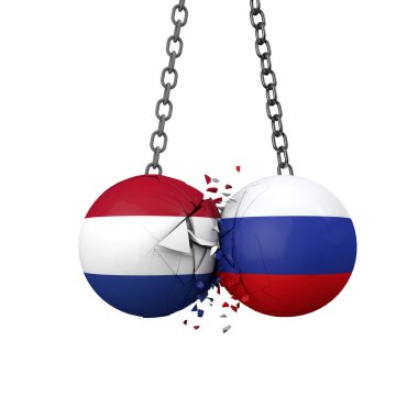 Rusya ve Hollanda siyasi gerginlik kavramı. Ulusal bayrak yıkım topları birbirine çarpar. 3B Hazırlama