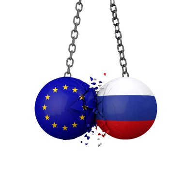 Rusya ve Avrupa Birliği siyasi gerginlik kavramı. Ulusal bayrak yıkım topları birbirine çarpar. 3B Hazırlama