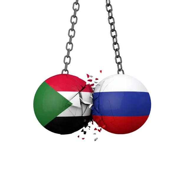 Rússia e Sudão conceito de tensões políticas. Bolas de destruição da bandeira nacional esmagar juntos. Renderização 3D — Fotografia de Stock