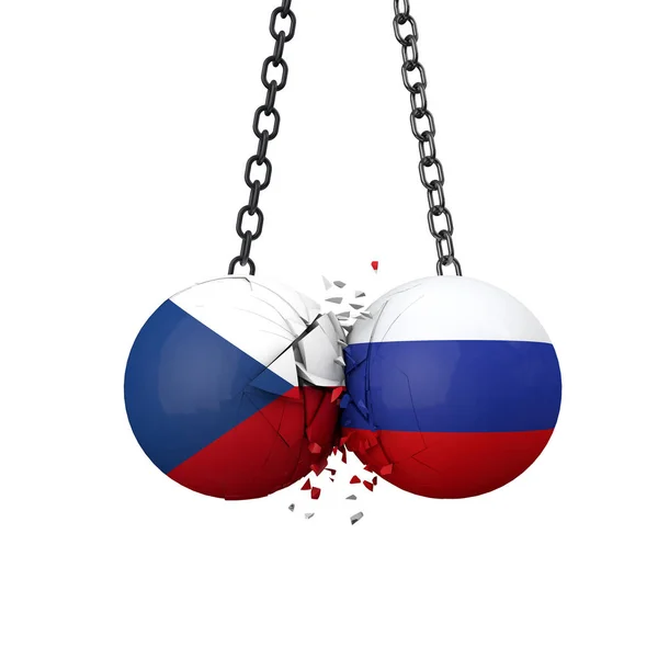 Росія і Чеська Республіка концепції політичної напруженості. Національний прапор руйнує м'ячі разом. 3D Рендерінг — стокове фото