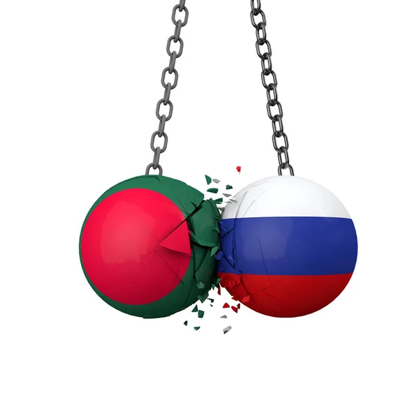 Росія і Бангладеш мали політичну напруженість. Національний прапор руйнує м'ячі разом. 3D Рендерінг — стокове фото