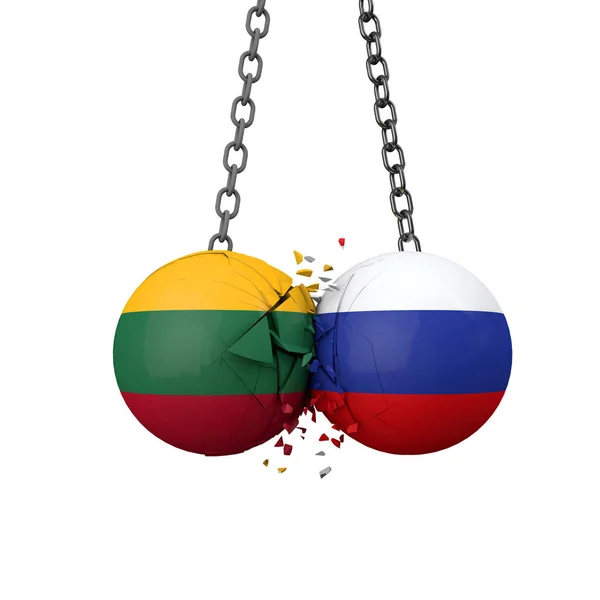 Politiska spänningar i Ryssland och Litauen. Nationell flagga krossar kulor tillsammans. 3D-återgivning — Stockfoto