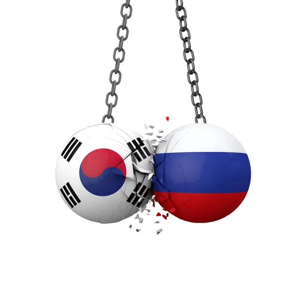 Oroszország és Dél-Korea politikai feszültségek koncepciója. A nemzeti zászlóromboló labdák összetört együtt. 3D Renderelés — Stock Fotó