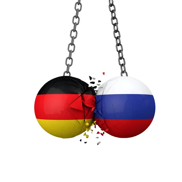 Rússia e Alemanha conceito de tensões políticas. Bolas de destruição da bandeira nacional esmagar juntos. Renderização 3D — Fotografia de Stock