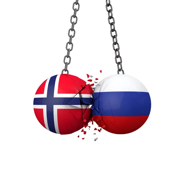 Russia and Norway political tensions concept. National flag wrecking balls smash together. 3D Rendering — Stock Photo, Image
