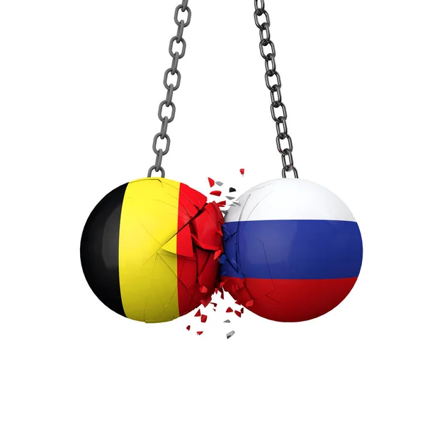 俄罗斯和比利时的政治紧张局势概念。国旗破坏球一起碎了。3D渲染 — 图库照片