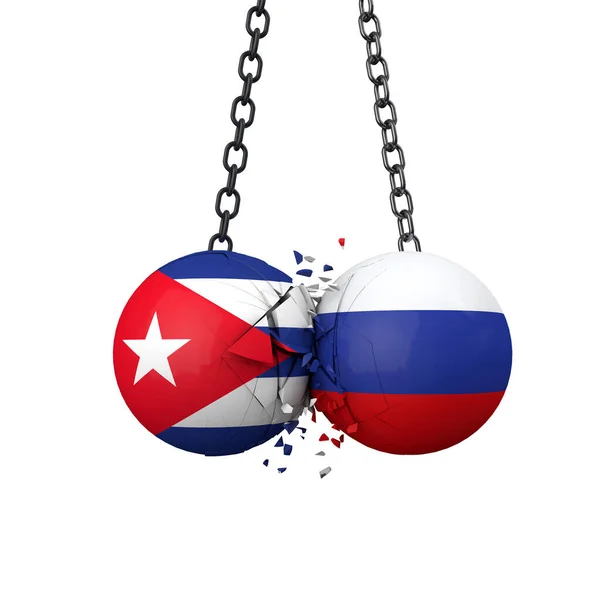 Russie et cuba concept de tensions politiques. Les boules de démolition du drapeau national s'écrasent ensemble. Rendu 3D — Photo