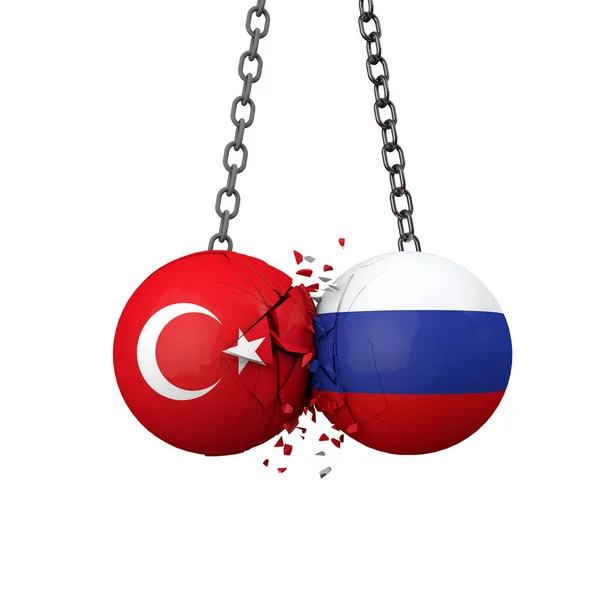 Konsep ketegangan politik Rusia dan Turki. Bendera nasional menghancurkan bola bersama-sama. Perenderan 3D — Stok Foto