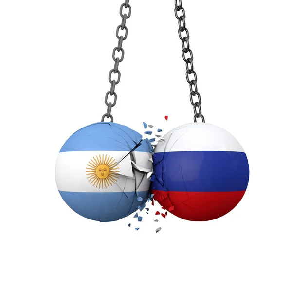 Russia and Argentina political tensions concept. National flag wrecking balls smash together. 3D Rendering — Stock Photo, Image